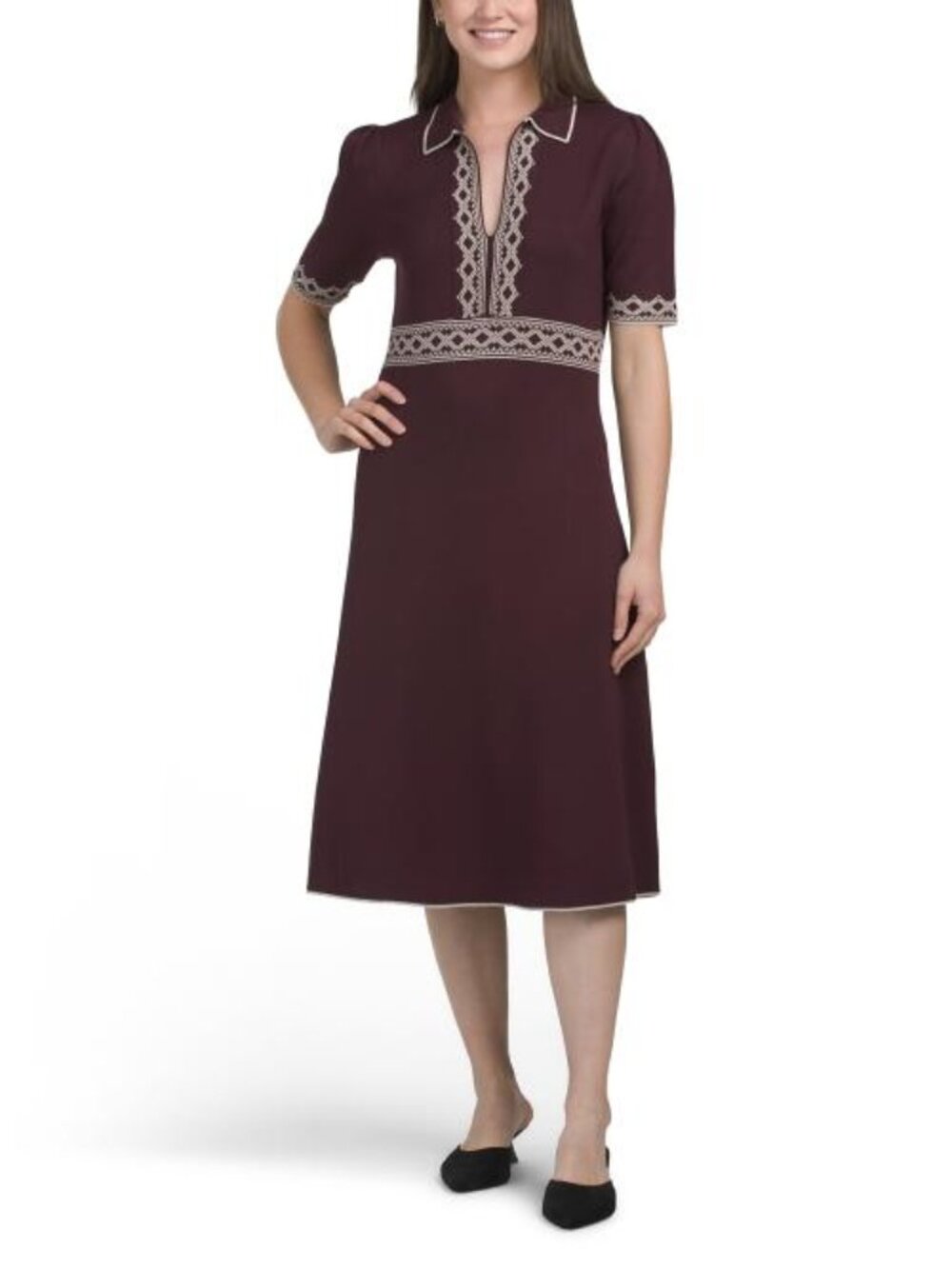MAX STUDIO Short Sleeve Border Sweater Dress, Wine or Black, size XS, S